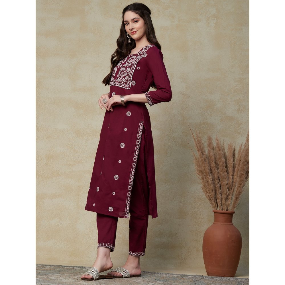 FASHOR Solid Mirror & Resham Embroidered Kurta with Embroidered Pants - Maroon (Set of 2)