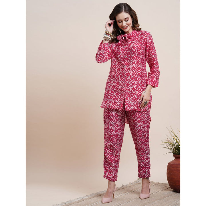 FASHOR Abstract Batik Printed Asymmetric High Low Hem Shirt with Pants Co-ord -Pink (Set of 2)