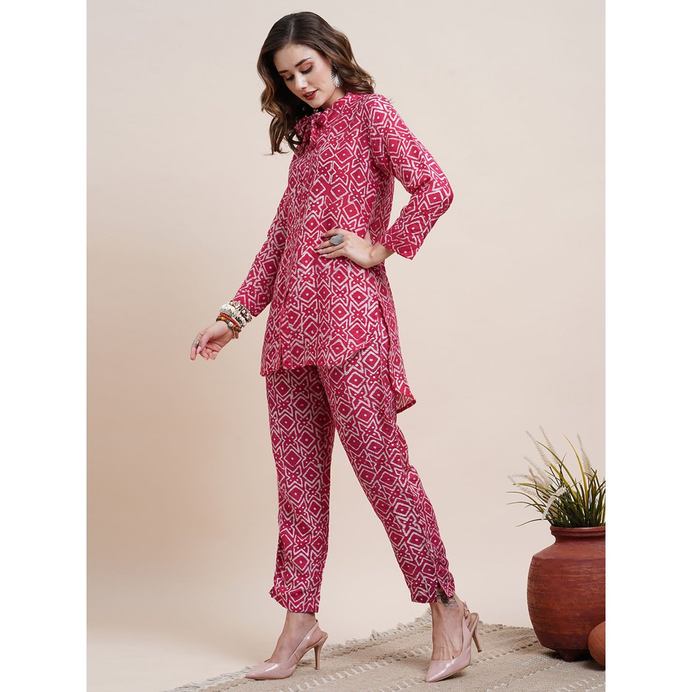 FASHOR Abstract Batik Printed Asymmetric High Low Hem Shirt with Pants Co-ord -Pink (Set of 2)