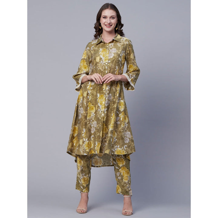 FASHOR Abstract Floral Foil Printed A-Line Panelled Kurta with Pant - Olive (Set of 2)