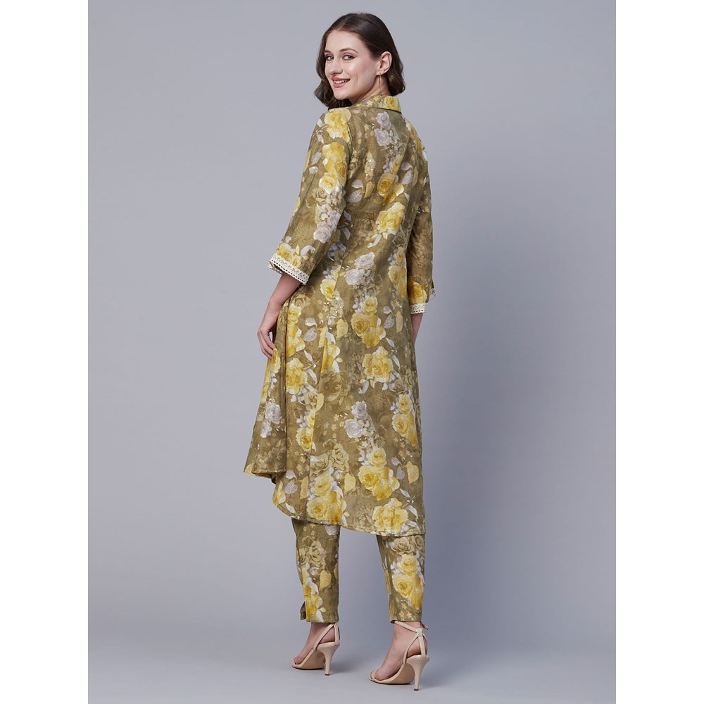 FASHOR Abstract Floral Foil Printed A-Line Panelled Kurta with Pant - Olive (Set of 2)