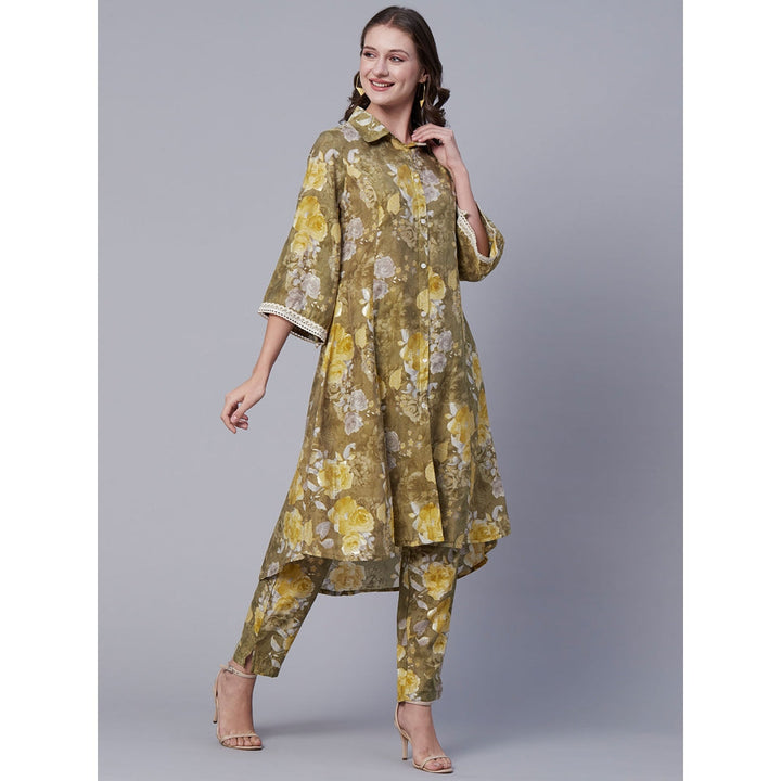 FASHOR Abstract Floral Foil Printed A-Line Panelled Kurta with Pant - Olive (Set of 2)