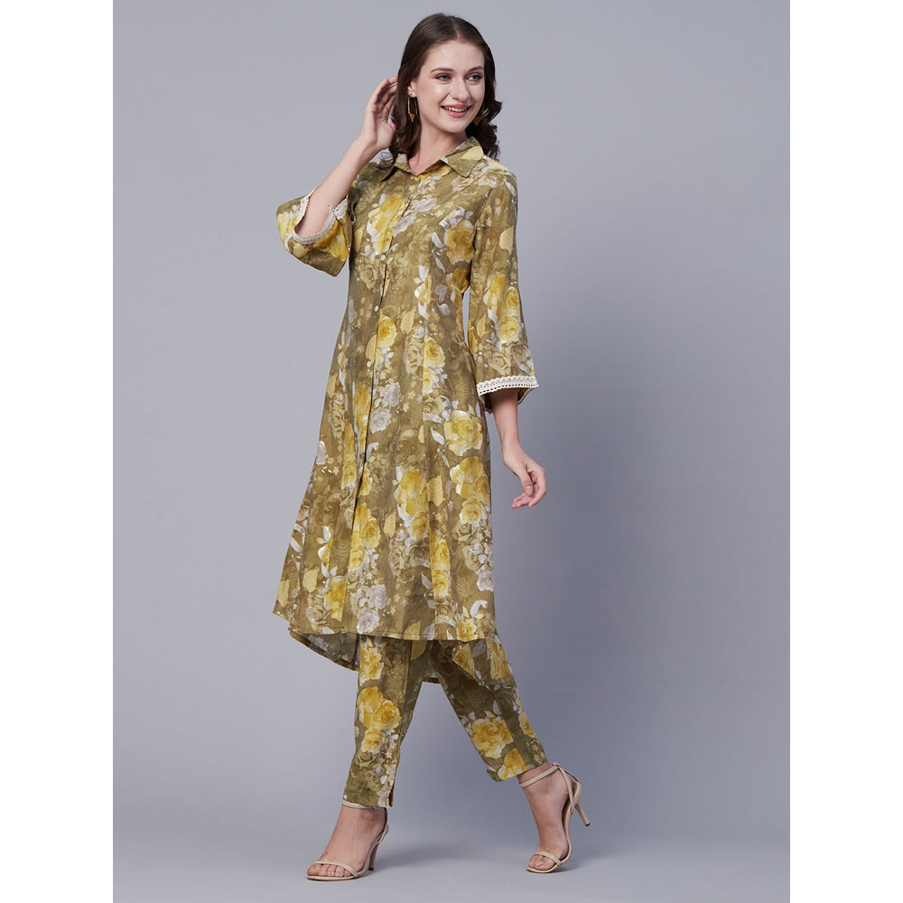 FASHOR Abstract Floral Foil Printed A-Line Panelled Kurta with Pant - Olive (Set of 2)