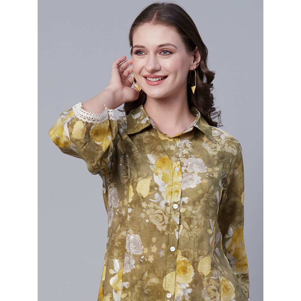 FASHOR Abstract Floral Foil Printed A-Line Panelled Kurta with Pant - Olive (Set of 2)