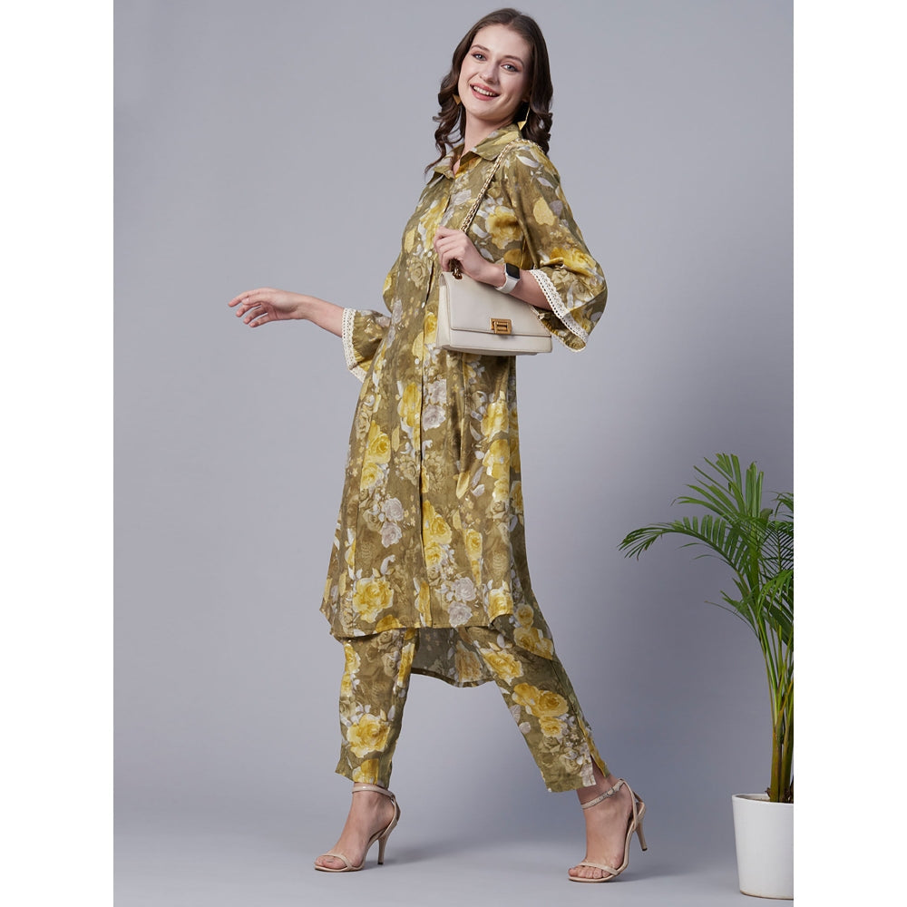 FASHOR Abstract Floral Foil Printed A-Line Panelled Kurta with Pant - Olive (Set of 2)