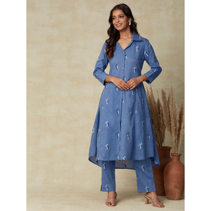 FASHOR Woven Design Wooden Buttoned Asymmetric Hem Kurta with Pants - Dark Blue (Set of 2)