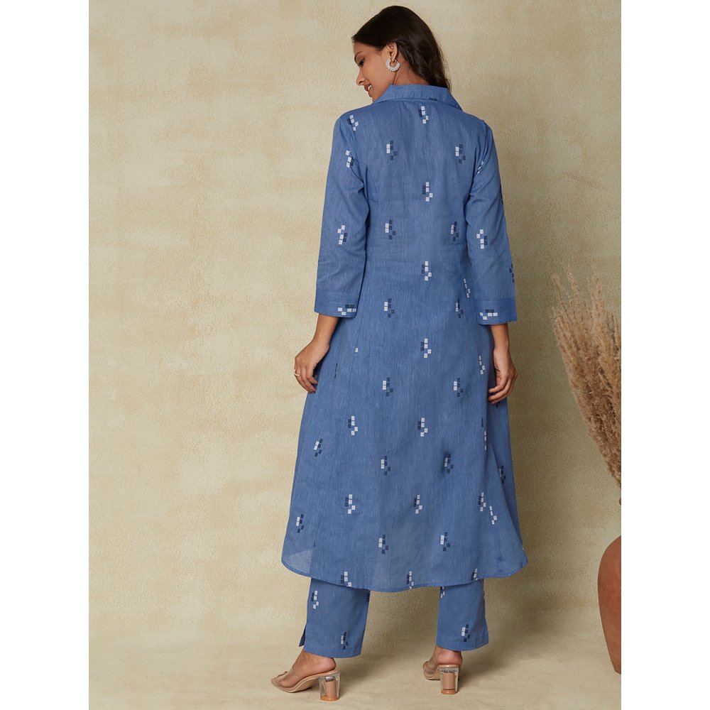 FASHOR Woven Design Wooden Buttoned Asymmetric Hem Kurta with Pants - Dark Blue (Set of 2)