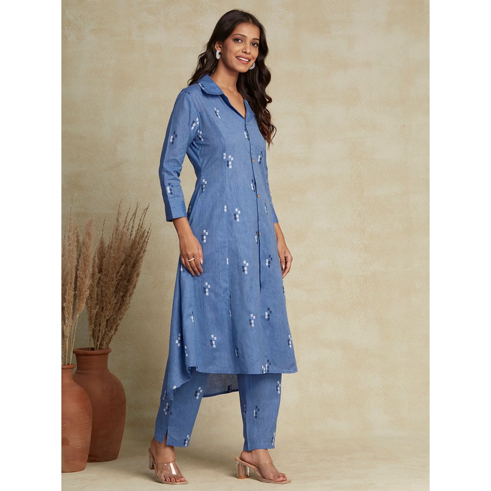 FASHOR Woven Design Wooden Buttoned Asymmetric Hem Kurta with Pants - Dark Blue (Set of 2)