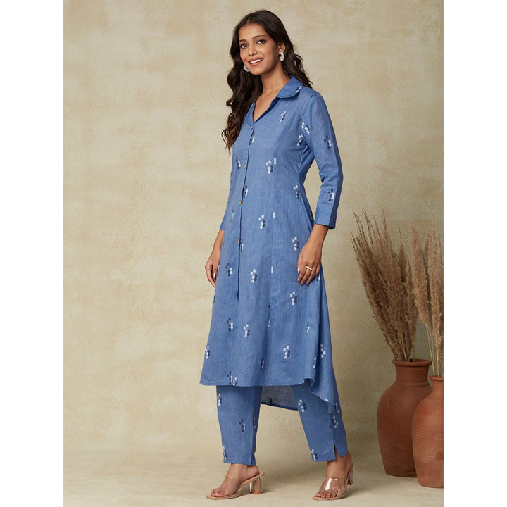 FASHOR Woven Design Wooden Buttoned Asymmetric Hem Kurta with Pants - Dark Blue (Set of 2)