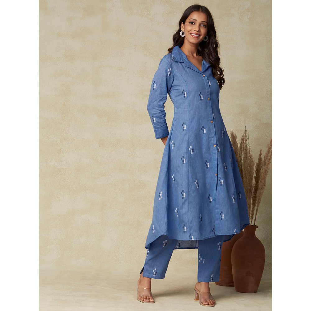 FASHOR Woven Design Wooden Buttoned Asymmetric Hem Kurta with Pants - Dark Blue (Set of 2)