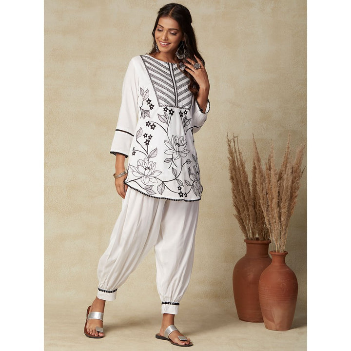 FASHOR Resham Embroidered Short Kurti with Salwar Pants - White (Set of 2)