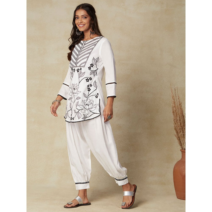 FASHOR Resham Embroidered Short Kurti with Salwar Pants - White (Set of 2)