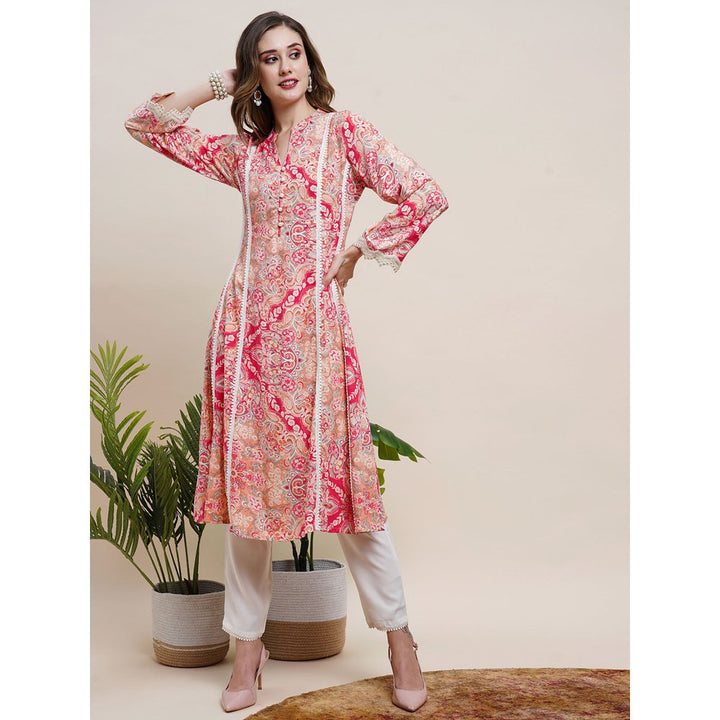 FASHOR Printed Resham & Sequins Lace Embellished Kurta with Pants Red (Set of 2)