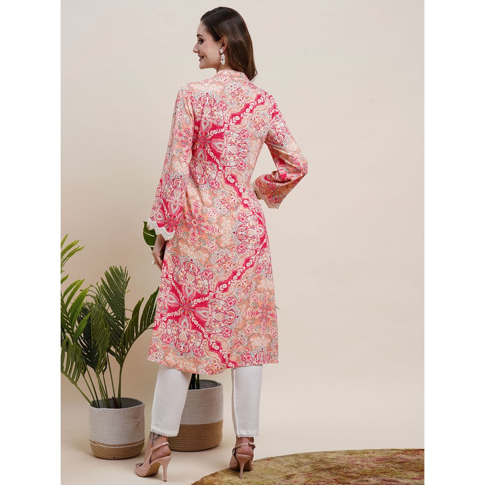 FASHOR Printed Resham & Sequins Lace Embellished Kurta with Pants Red (Set of 2)