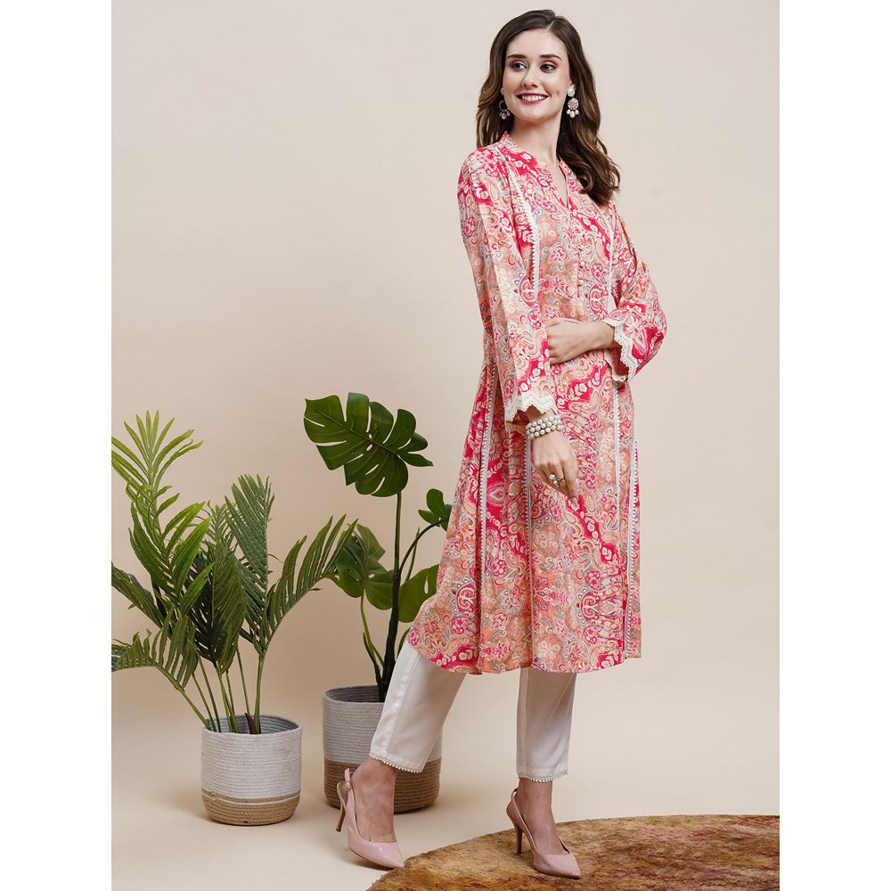 FASHOR Printed Resham & Sequins Lace Embellished Kurta with Pants Red (Set of 2)