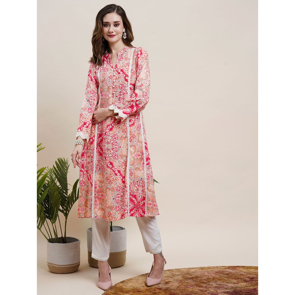 FASHOR Printed Resham & Sequins Lace Embellished Kurta with Pants Red (Set of 2)