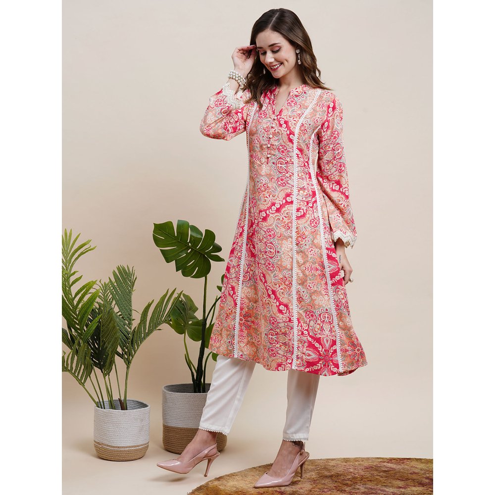 FASHOR Printed Resham & Sequins Lace Embellished Kurta with Pants Red (Set of 2)