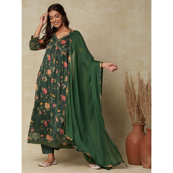 FASHOR Floral Printed Beads & Embroidered Flared Kurta with Pants & Dupatta - Green (Set of 3)