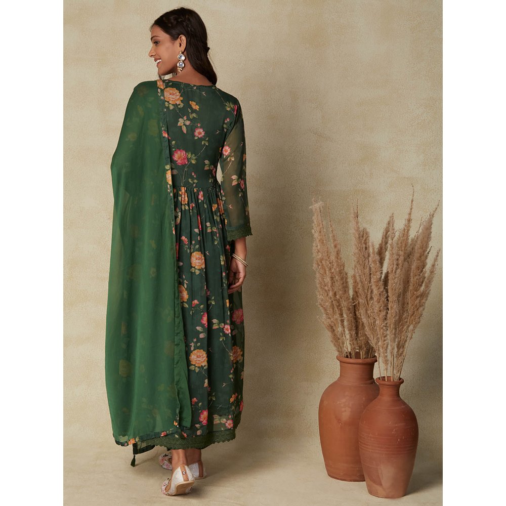 FASHOR Floral Printed Beads & Embroidered Flared Kurta with Pants & Dupatta - Green (Set of 3)