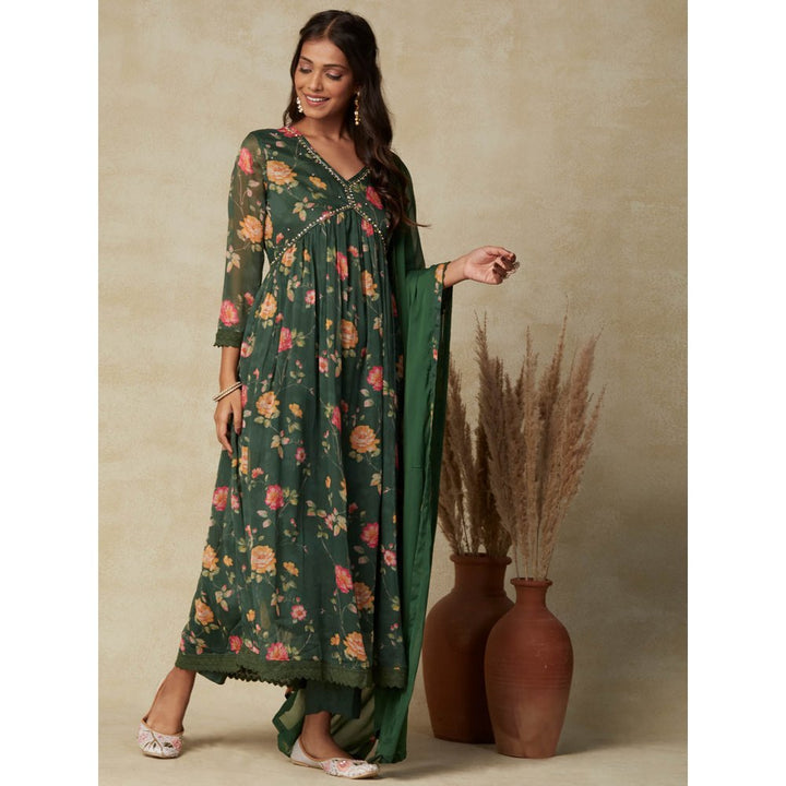 FASHOR Floral Printed Beads & Embroidered Flared Kurta with Pants & Dupatta - Green (Set of 3)