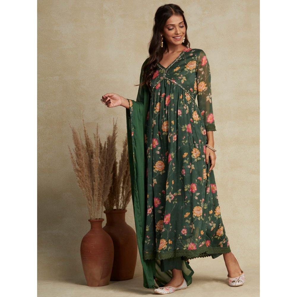 FASHOR Floral Printed Beads & Embroidered Flared Kurta with Pants & Dupatta - Green (Set of 3)