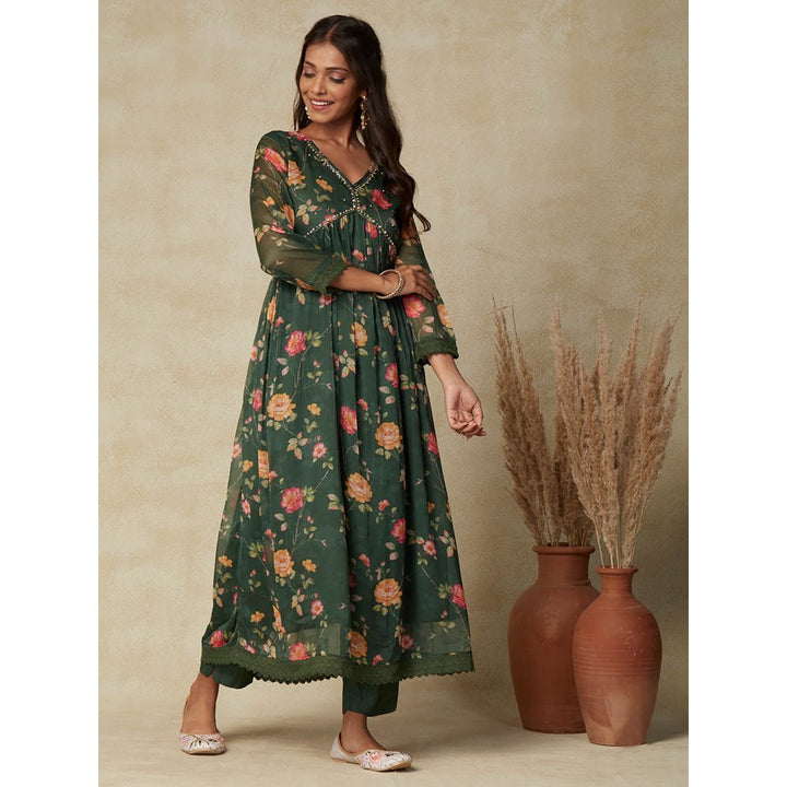 FASHOR Floral Printed Beads & Embroidered Flared Kurta with Pants & Dupatta - Green (Set of 3)