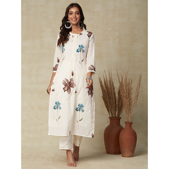 FASHOR Woven Design Floral Printed Kurta with Pants & Dupatta - Blue (Set of 3)