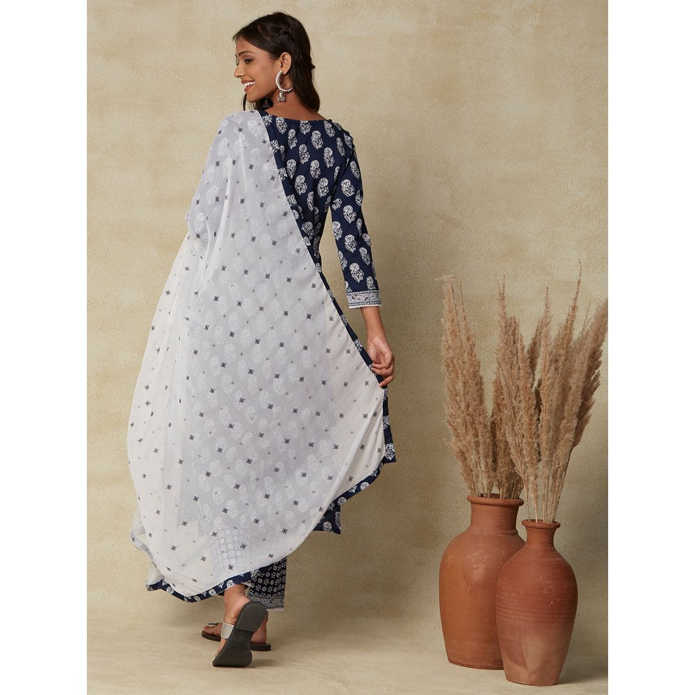 FASHOR Printed Embroidered Mirror Work Kurta with Pants & Dupatta Navy Blue (Set of 3)