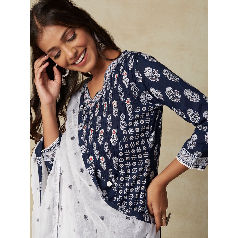 FASHOR Printed Embroidered Mirror Work Kurta with Pants & Dupatta Navy Blue (Set of 3)