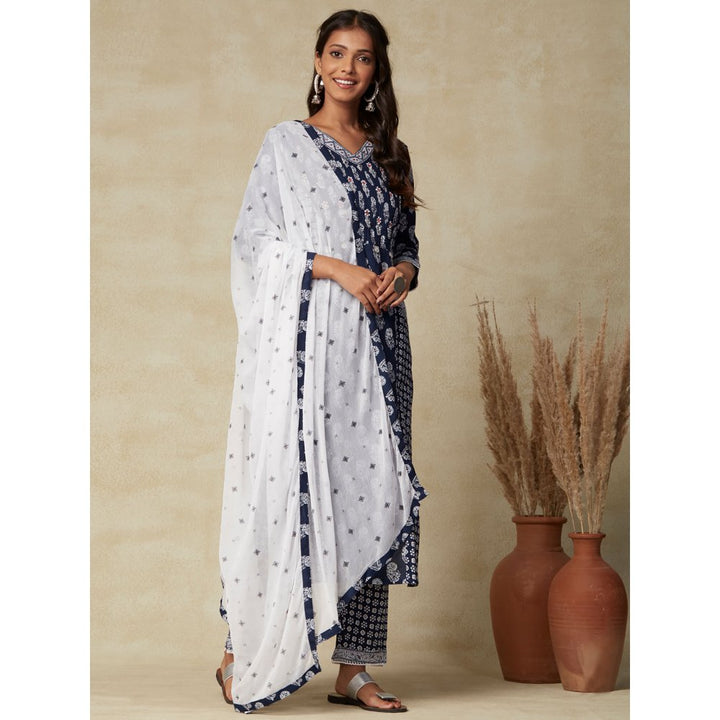 FASHOR Printed Embroidered Mirror Work Kurta with Pants & Dupatta Navy Blue (Set of 3)