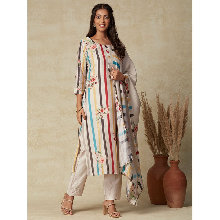 FASHOR Stripes & Sequined Ornamented Kurta with Pants & Dupatta Off White (Set of 3)