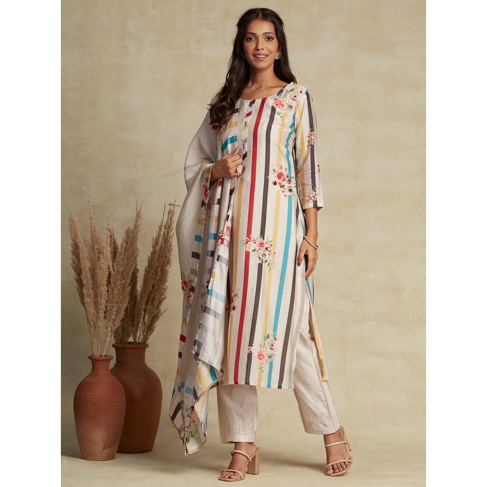 FASHOR Stripes & Sequined Ornamented Kurta with Pants & Dupatta Off White (Set of 3)