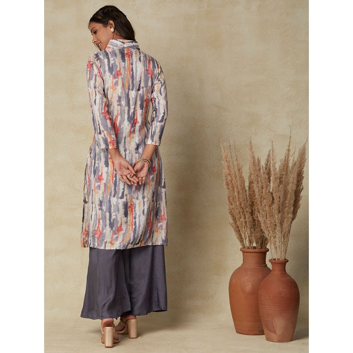 FASHOR Printed Beads Embellished Kurta with Palazzos Grey & Multi (Set of 2)