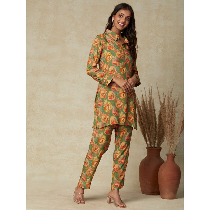 FASHOR Ethnic Floral Printed Straight Fit Co-Ord - Green (Set of 2)