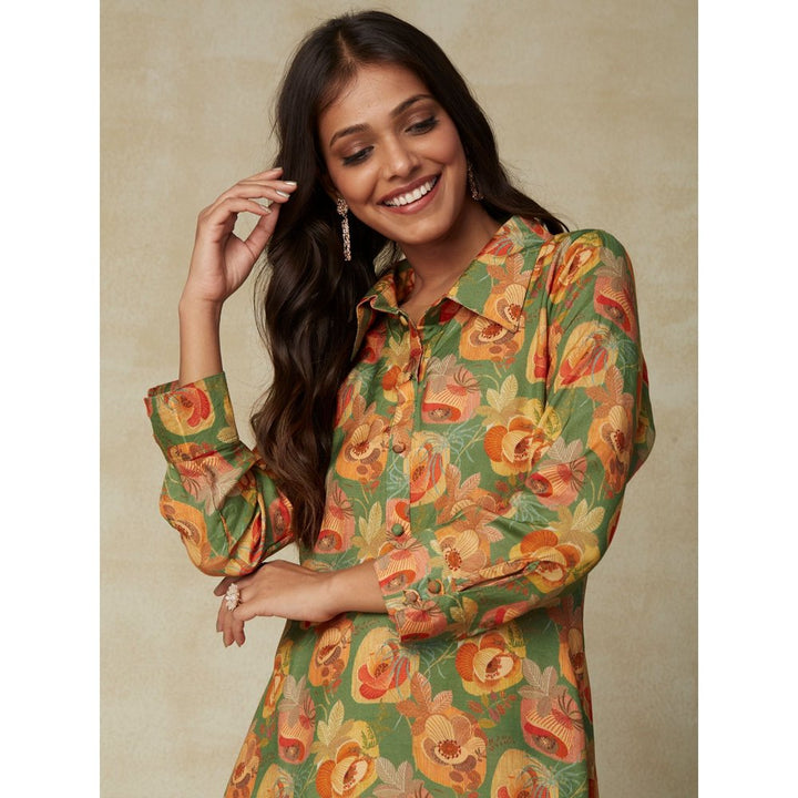 FASHOR Ethnic Floral Printed Straight Fit Co-Ord - Green (Set of 2)