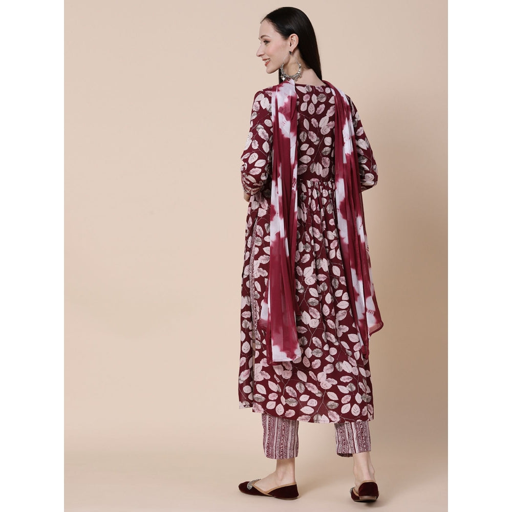 FASHOR Printed Mirror & Zari Embroidered High Slit Kurta with Pant & Dupatta (Set of 3)