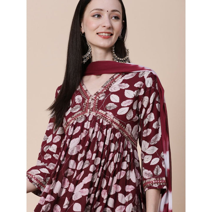 FASHOR Printed Mirror & Zari Embroidered High Slit Kurta with Pant & Dupatta (Set of 3)