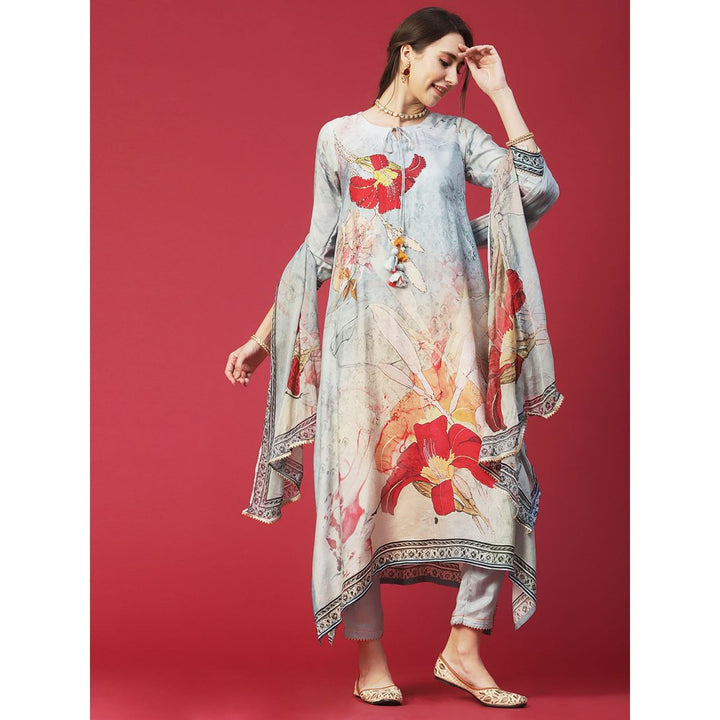 FASHOR Printed Mukaish Hot Fix Embroidered Kurta with Pants & Dupatta - Powder Blue (Set of 3)