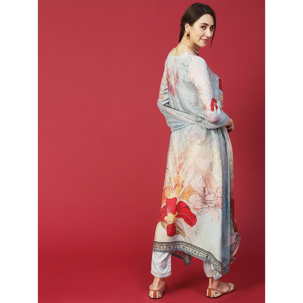 FASHOR Printed Mukaish Hot Fix Embroidered Kurta with Pants & Dupatta - Powder Blue (Set of 3)