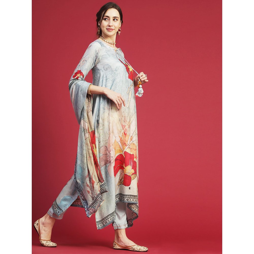 FASHOR Printed Mukaish Hot Fix Embroidered Kurta with Pants & Dupatta - Powder Blue (Set of 3)