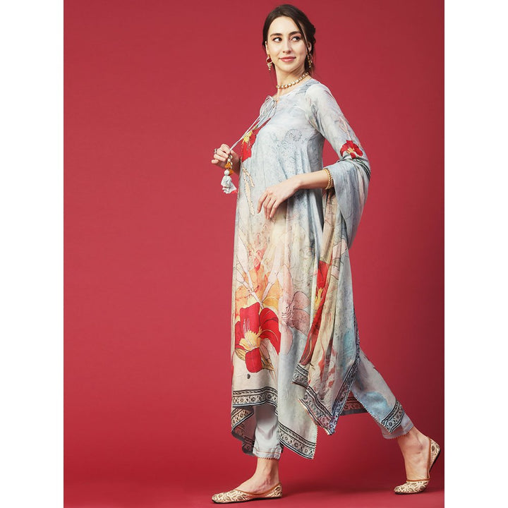 FASHOR Printed Mukaish Hot Fix Embroidered Kurta with Pants & Dupatta - Powder Blue (Set of 3)