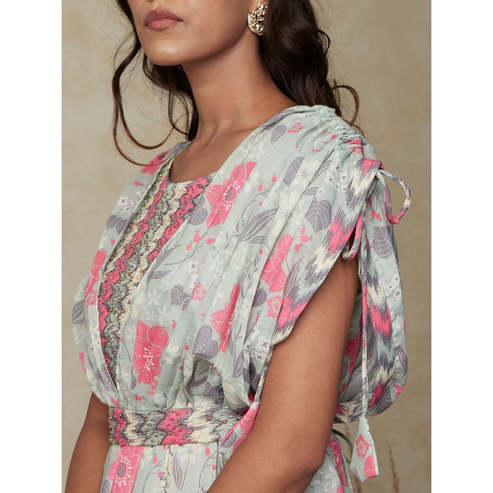 FASHOR Printed Embroidered Kimono Sleeves Layered Top with Belt & Palazzo - Green (Set of 3)