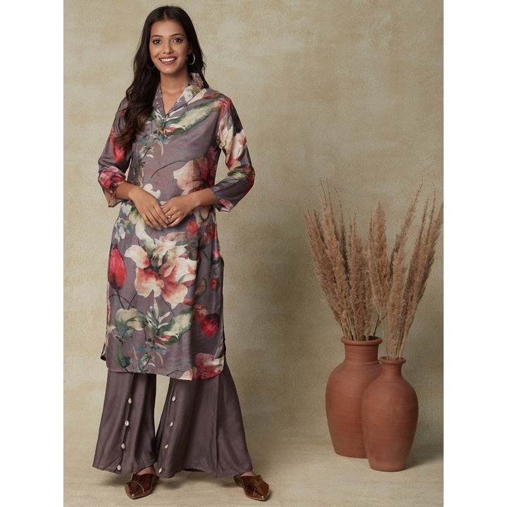 FASHOR Abstract Floral Printed Straight Fit Kurta with Flared Palazzo - Grey (Set of 2)