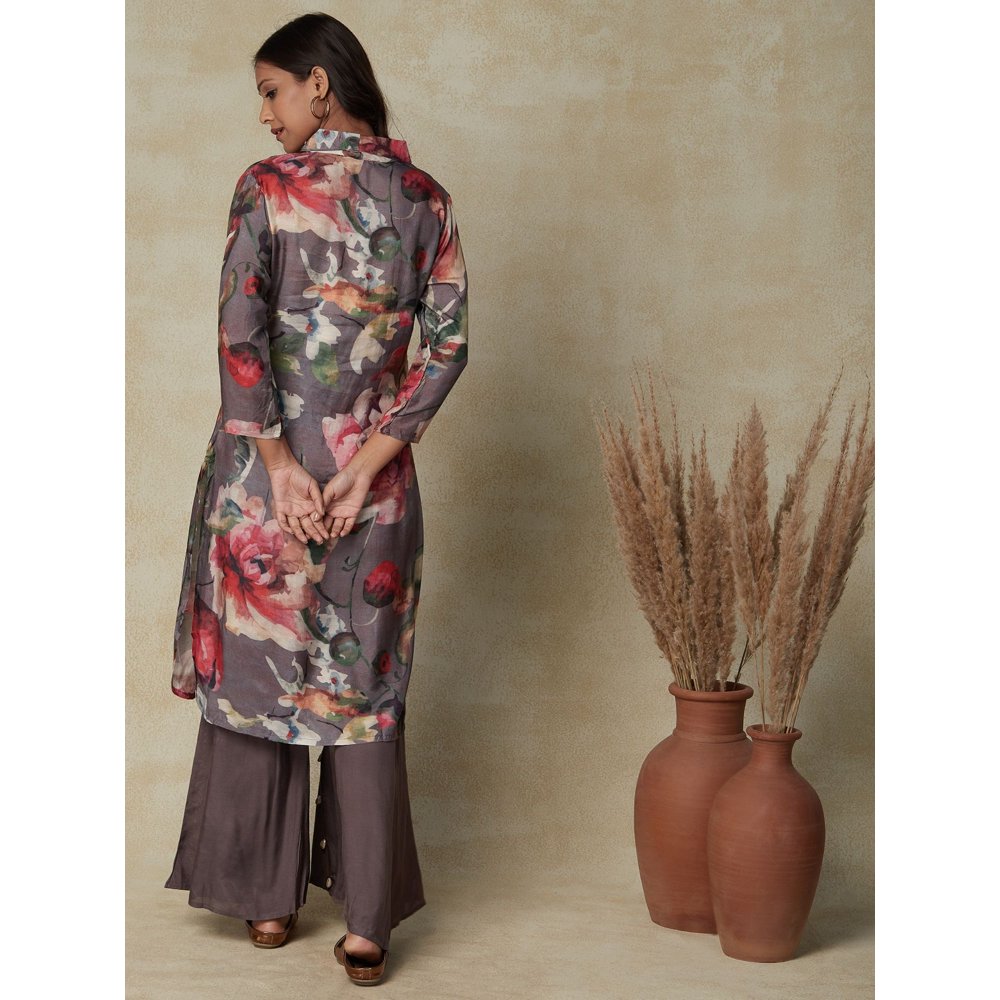 FASHOR Abstract Floral Printed Straight Fit Kurta with Flared Palazzo - Grey (Set of 2)