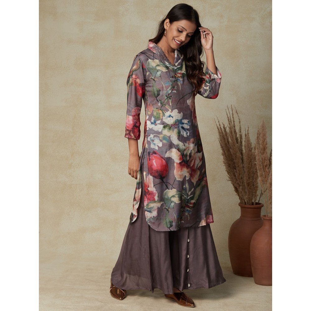 FASHOR Abstract Floral Printed Straight Fit Kurta with Flared Palazzo - Grey (Set of 2)