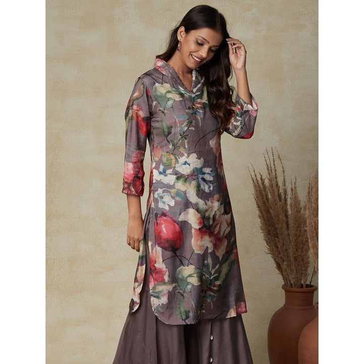 FASHOR Abstract Floral Printed Straight Fit Kurta with Flared Palazzo - Grey (Set of 2)