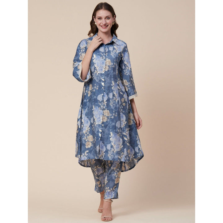 FASHOR Abstract Floral Foil Printed A-Line Paneled Kurta with Pant - Blue (Set of 2)