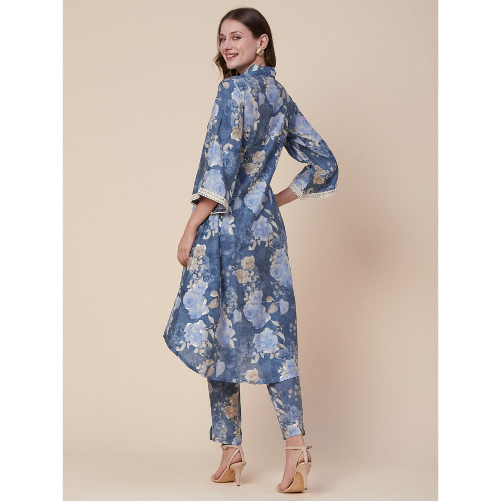 FASHOR Abstract Floral Foil Printed A-Line Paneled Kurta with Pant - Blue (Set of 2)