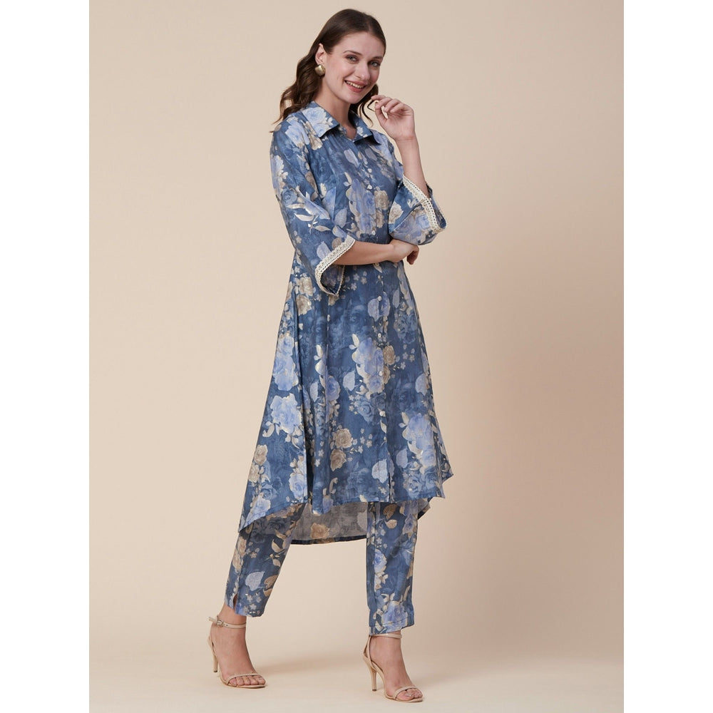 FASHOR Abstract Floral Foil Printed A-Line Paneled Kurta with Pant - Blue (Set of 2)