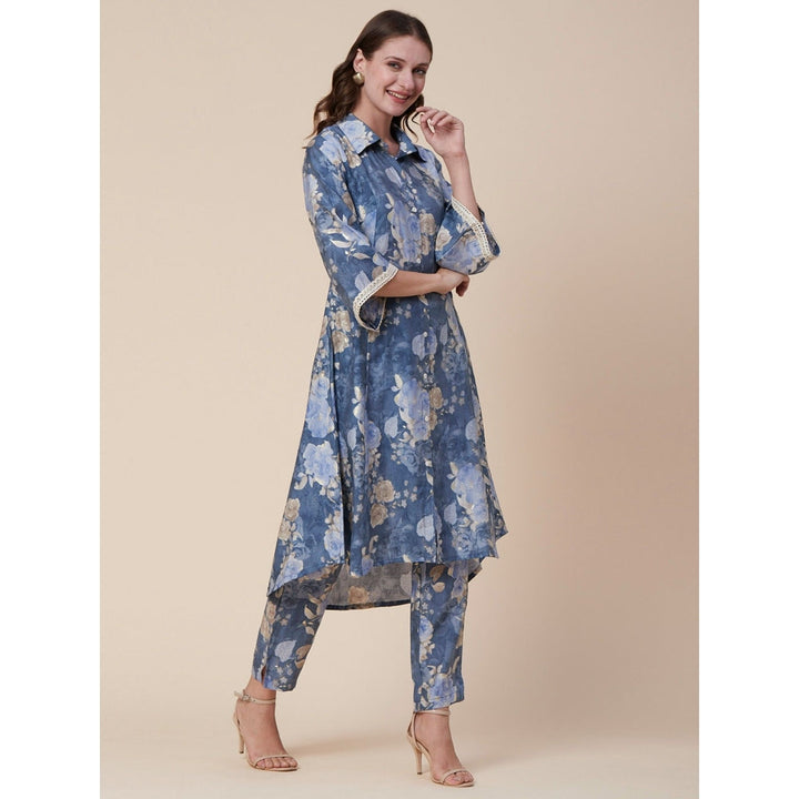 FASHOR Abstract Floral Foil Printed A-Line Paneled Kurta with Pant - Blue (Set of 2)